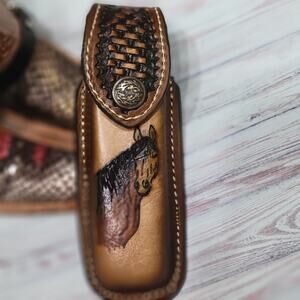 GENUINE LEATHER POCKET KNIFE SHEATH 5.5 " FOLDING HANDMADE BELT LOOP HORSE DES